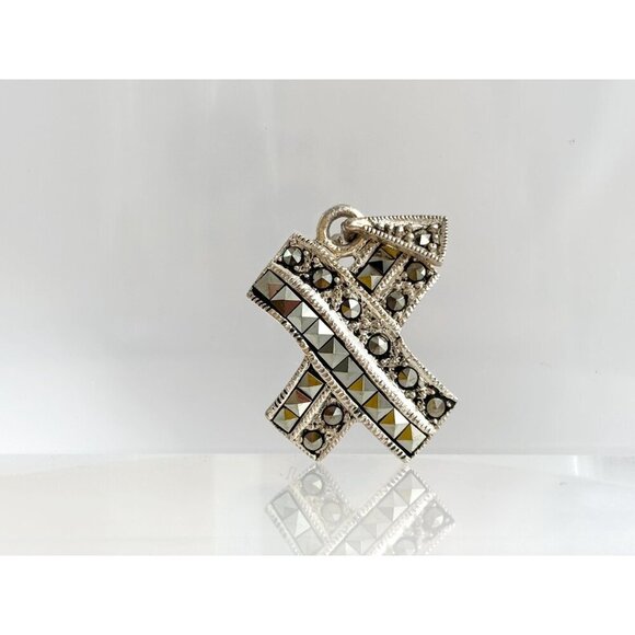 Cross Shaped Marcasite Accented Sterling Silver 925 Vintage Pendant - Picture 8 of 10